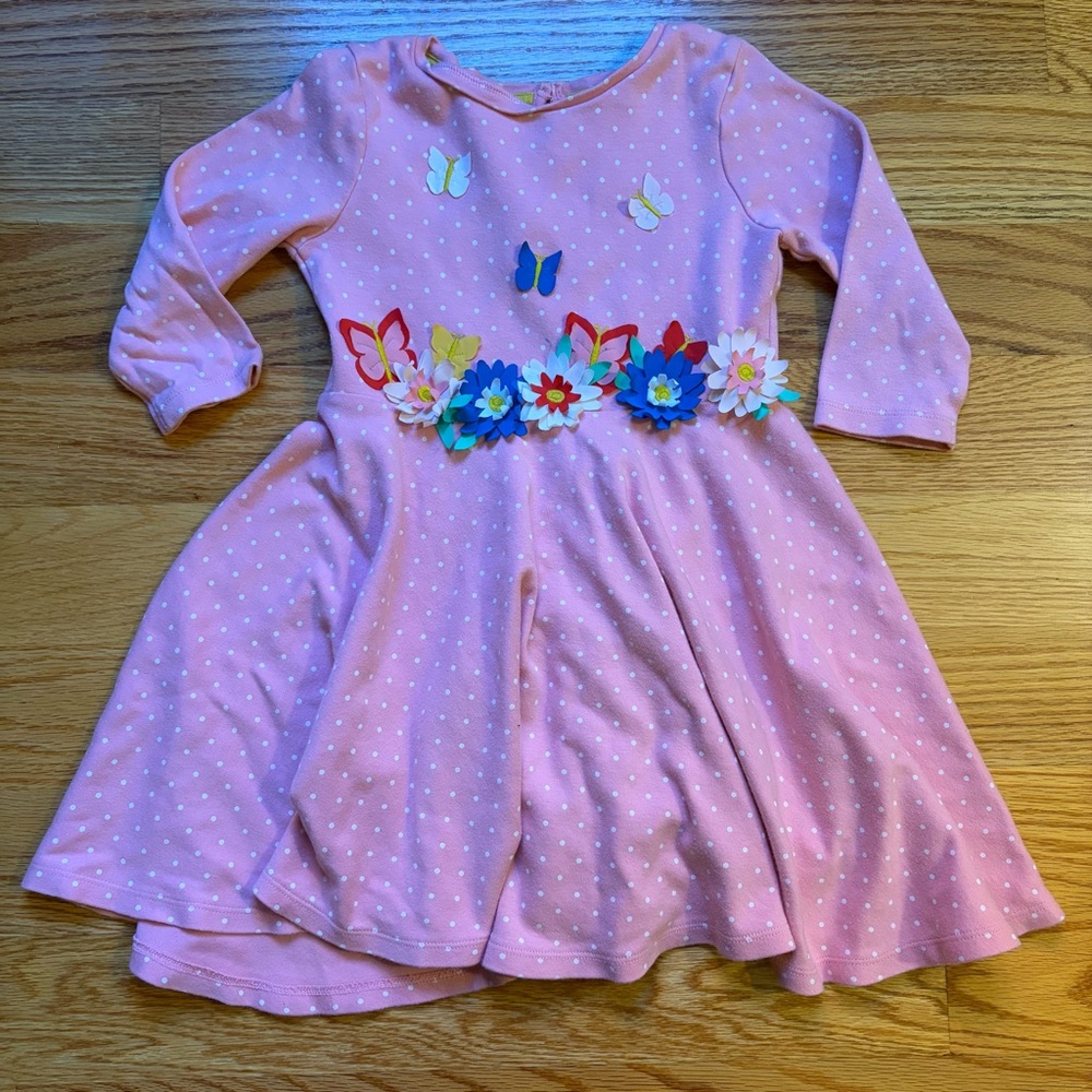 Mini Boden pink polka dot 3D floral butterfly dress size 6-7 years